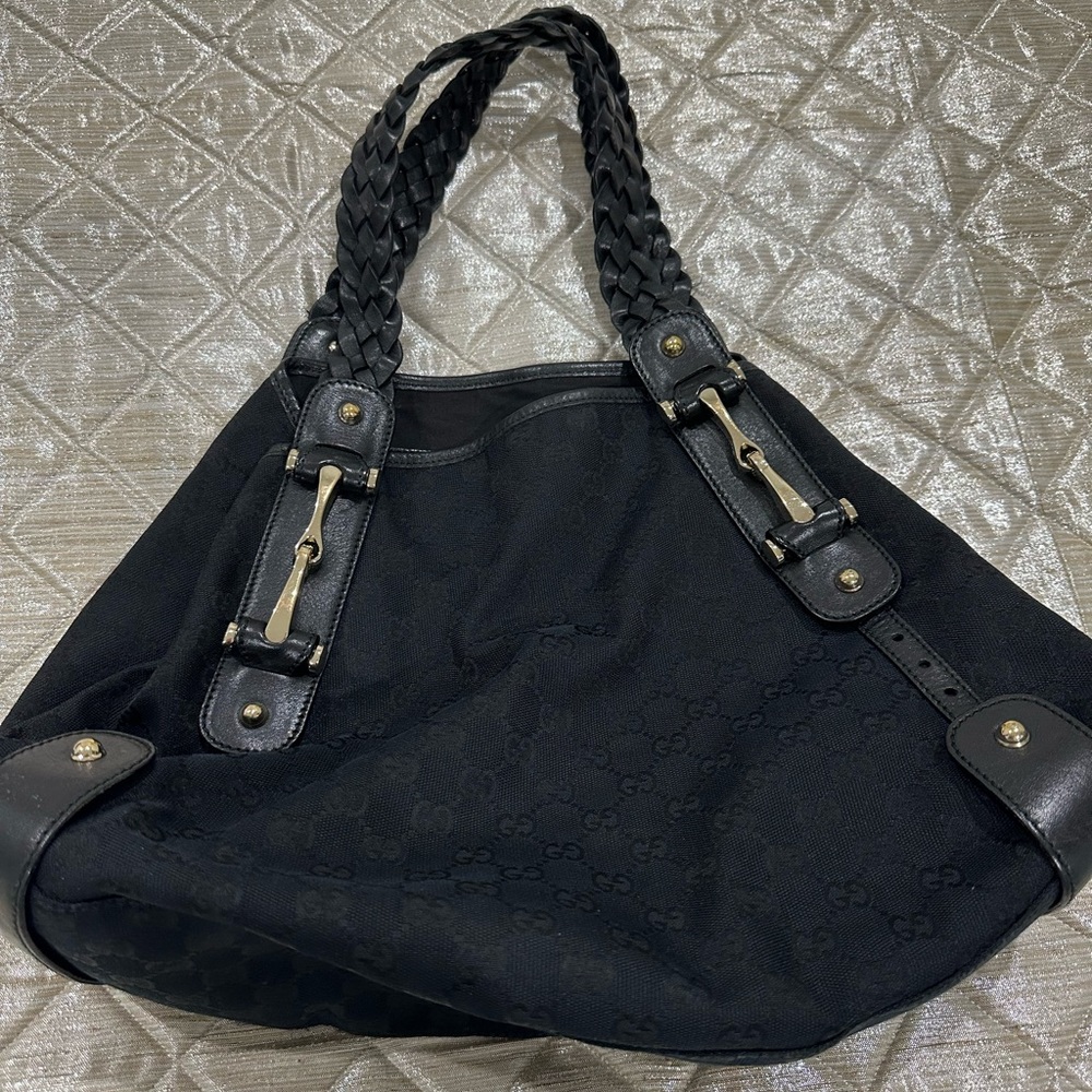 Gucci Black GG Canvas Pelham Horsebit Leather Shoulder Bag